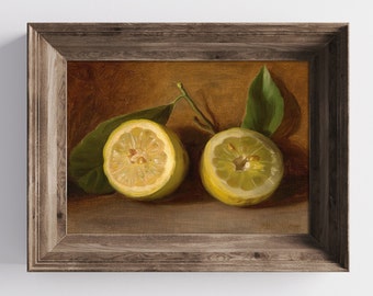 Vintage Still Life Oil Painting of a Lemon. Victorian Fruit Fine Art Print. Kitchen Wall Decor.