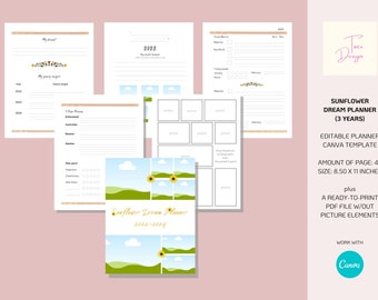 3 Years Sunflower Dream Planner | Goal Planner, Editable Planner Template, Planner Canva Template, KDP Interior, Printable Planner