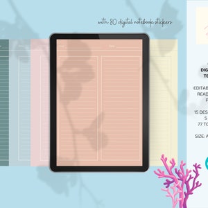 Puede incluir: Una plantilla de notas digital con 15 páginas diseñadas en 5 colores, incluyendo verde, azul, rosa, melocotón y amarillo. La plantilla es editable con Canva y lista para imprimir. Incluye 80 pegatinas digitales para el cuaderno. La plantilla está disponible en tamaños A4 y US Letter.