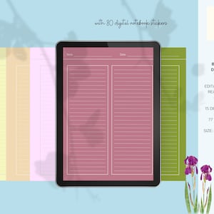 以下が含まれることがあります： 黄色、ベージュ、ピンク、緑、赤など5色の77ページのデジタルノートテンプレート。テンプレートは8.50インチ×11インチで、Canvaで編集できます。デジタルノートブックステッカー80個が含まれています。
