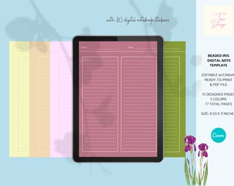 Customizable 5-Color Beaded Iris Digital Note Taking with 80 Stickers | Canva Manual for Easy Editing. Perfect for Planners and Creatives