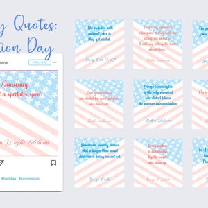 May include: A social media post titled "Witty Quotes: Election Day". The post features a collection of quotes about democracy and elections, with a red, white and blue American flag design in the background. Some of the quotes include: "Democracy is not a spectator sport." and "Every election is determined by the people who show up."