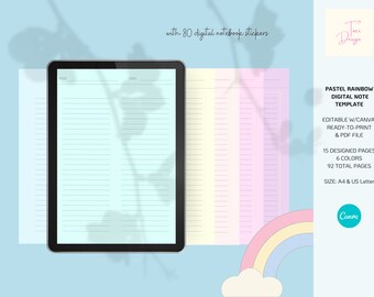 Customizable 5-Color Rainbow Theme Digital Note Taking with 80 Stickers | Canva Manual for Easy Editing. Perfect for Planners and Creatives