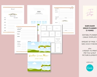 5 Years Sunflower Rose Dream Planner | Goal Planner, Editable Planner Template, Planner Canva Template, KDP Interior, Printable Planner