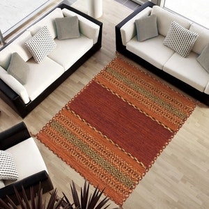 Kilim Lory Tribal 100% Cotone, Indiano, Rosso Fatto a Mano Lavabile in lavatrice e facile da pulire