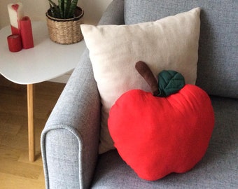 Red Apple Pillow, Linen Kids Room Cushion