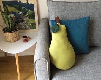 Large pear pillow Handmade pillow shaped cushion Fruit linen pillow decor for nursery and kids bedroom  Personalization baby gift Home decor