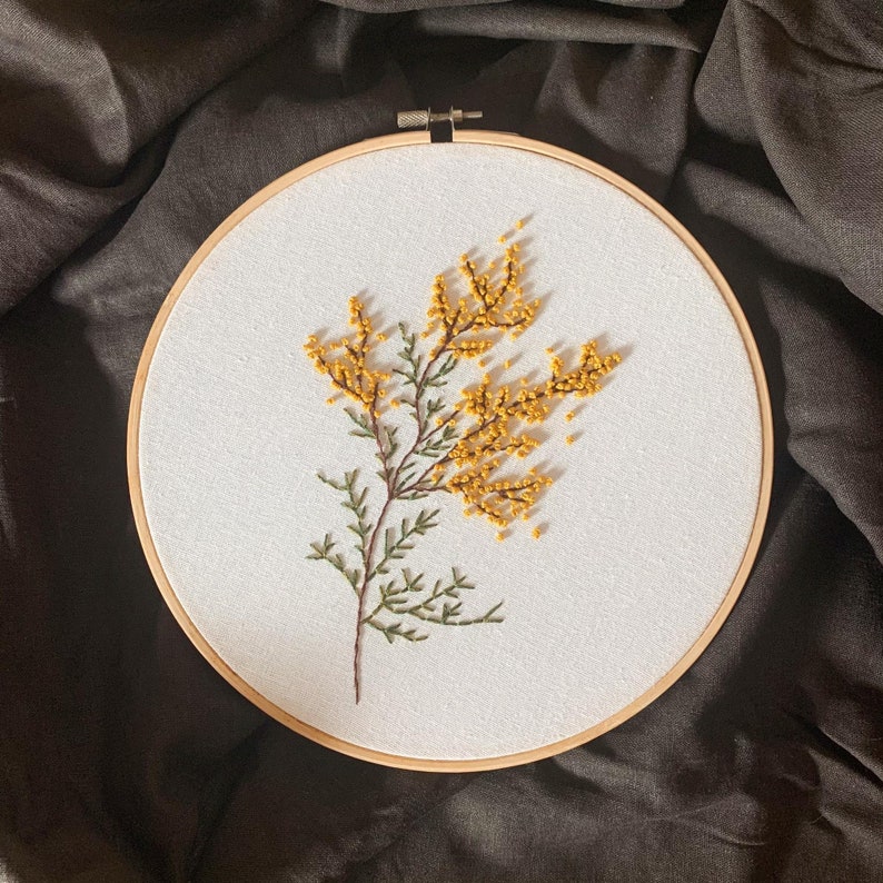 Finished embroidered hoop wildflower, Farmhouse living room decor, Cute floral decor, Gift for her, Mimosa embroidery hoop art image 1