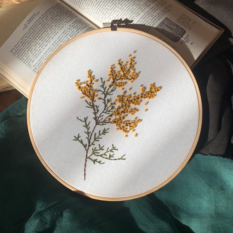 Finished embroidered hoop wildflower, Farmhouse living room decor, Cute floral decor, Gift for her, Mimosa embroidery hoop art image 2