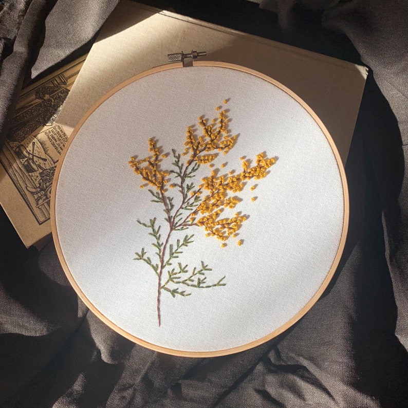 Finished embroidered hoop wildflower, Farmhouse living room decor, Cute floral decor, Gift for her, Mimosa embroidery hoop art image 6