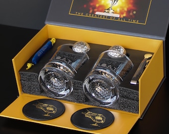 Whisky GOLF Gläser PREMIUM Set, Stahl Eiskugeln und Untersetzer. Bourbon, Altmodisch, Cocktails. NOBLESIP Personalisiertes Geschenk für Golfer