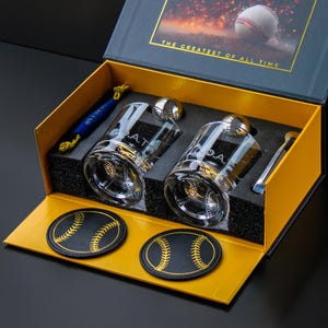 Whiskey Glasses BASEBALL Set, Ice Balls, and Coasters. Great for Bourbon, Scotch, Old Fashioned, Cocktails. PREMIUM New Baseball Lover Gift