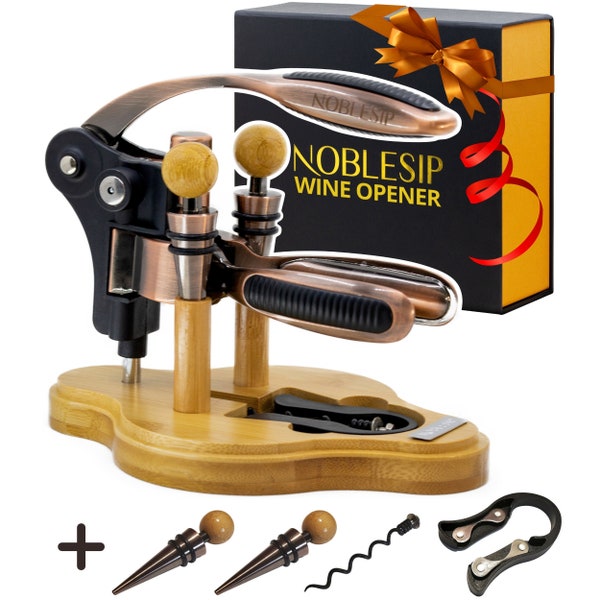 Wine Opener Set & Wood Stand NOBLESIP: Rabbit Corkscrew, Foil Cutter, 2 Bottle Stoppers. Kit in Gift Box. An exquisite opener for your bar!