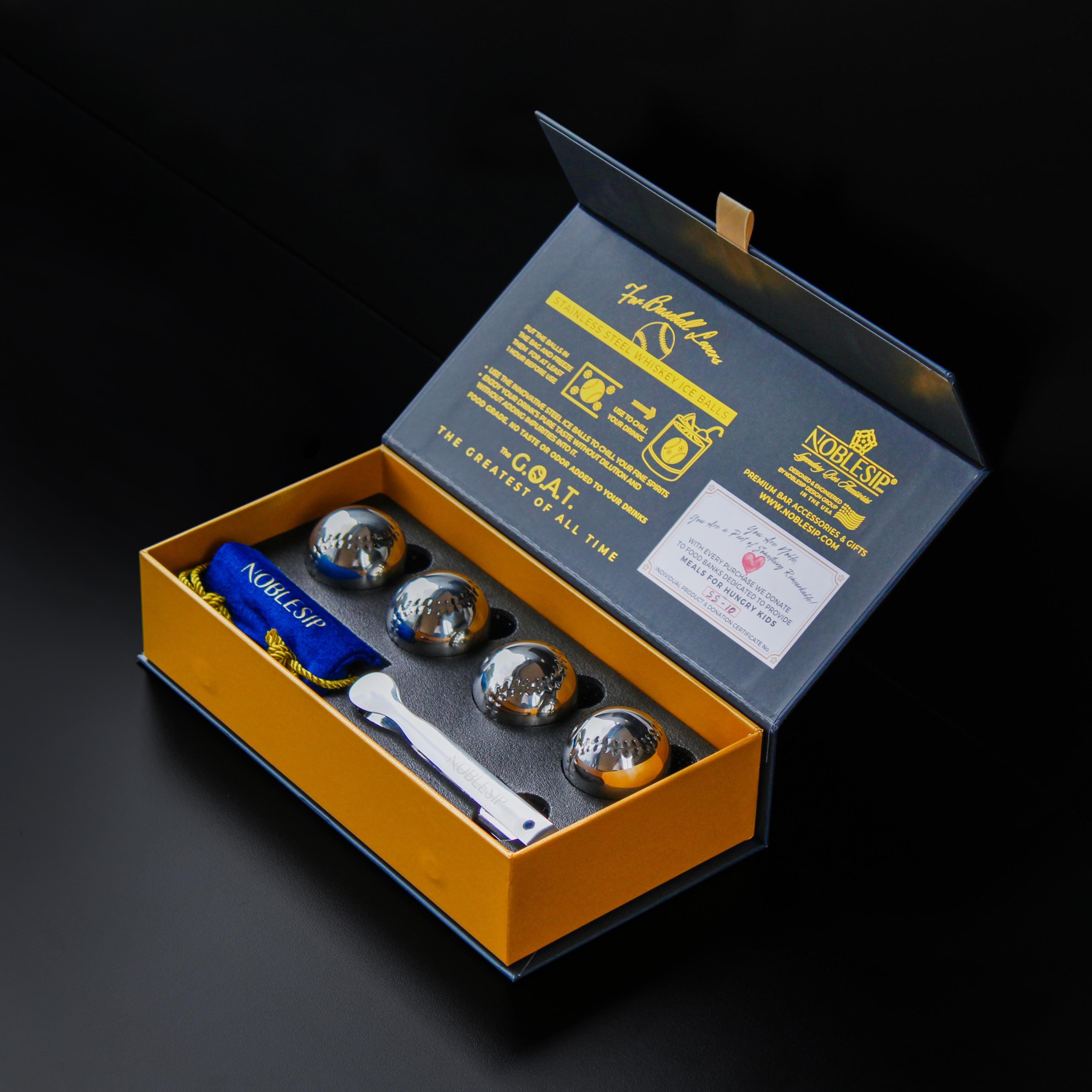 BASEBALL Chilling Steel Ice Balls, Premium Set of 4. Easily chill Whiskey,  Bourbon, Beer, Wine, with no dilution. New Year home bar gift set, image size:3000x3000