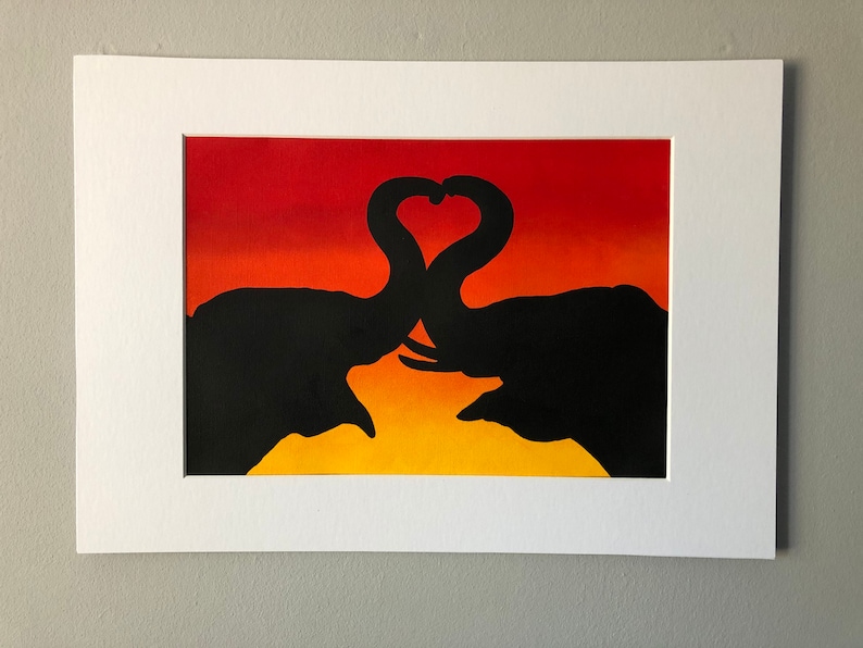 mounted on A3 Original acrylic A4 Hand Painted Elephants in Love Sunset Silhouette