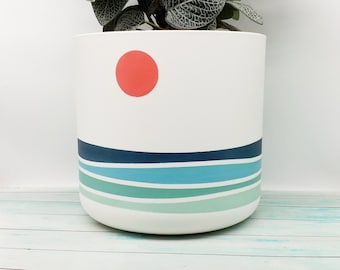 Large Planters - Eco friendly plant pots, hand painted - red sunset & waves, made of recycled plastic.