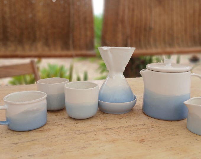 Handmade Earthenware Coffee Set | Beige & White Minimalist Ceramic | Chemex Style Jar, Mug, Cup and Milk Jar