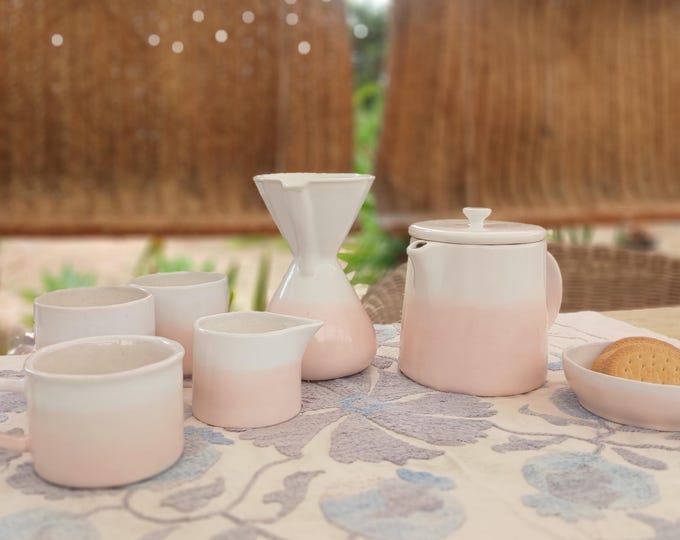 Earthenware Tea Set – Beige & White Teapot, Mug, Cup and Milk Jar