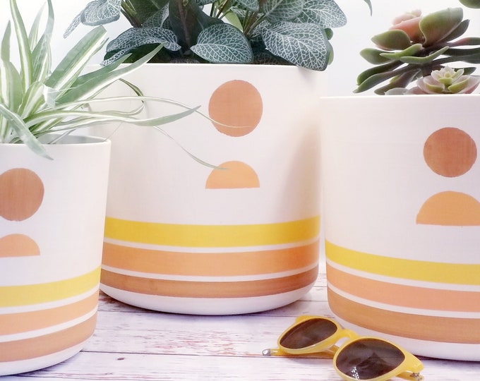 Large indoor Planters - Eco friendly Sun & Moon plant pots, hand painted made of recycled plastic.