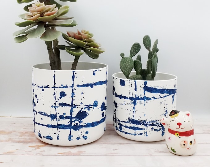 Sustainable Plant Pot, Indigo blue Indoor Planter, Modern Decor Shibori Tie dye, Eco-friendly Plant Holder