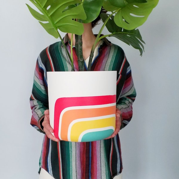 Retro - lines Large Planters - Eco friendly plant pots, hand painted made of recycled plastic.