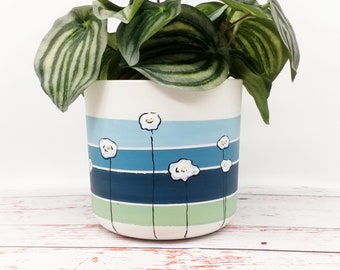 Eco friendly Blue Planter - plant pot made of recycled plastic, hand painted with white flowers, 14 & 16 cm