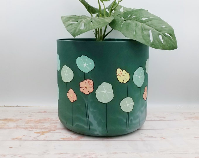 Indoor plant pots, made of recycled plastic from maritime waste, green planters hand painted nasturtium