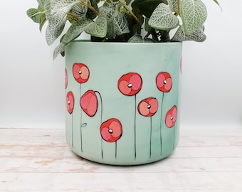 Green Large plant pots made of recycled plastic from maritime waste, hand painted red poppies