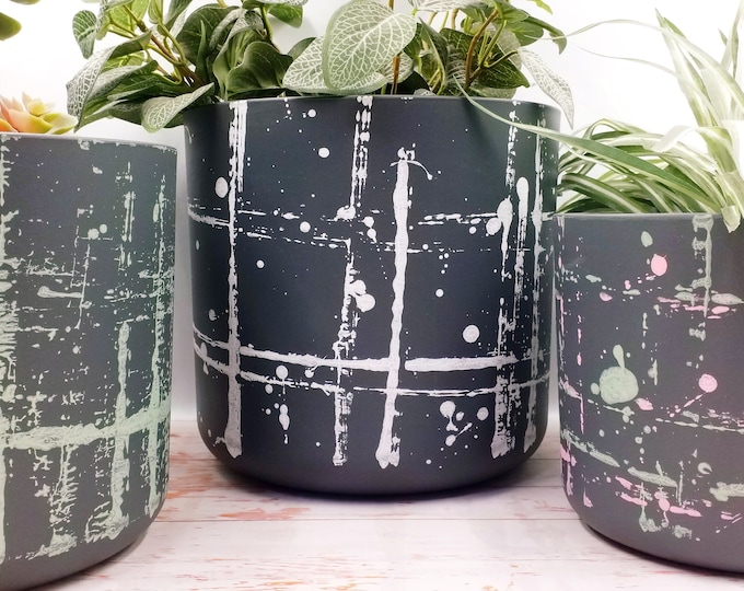 Large Planters - Indoor plant pots, hand painted made of recycled plastic, 18, 22 & 25 cm