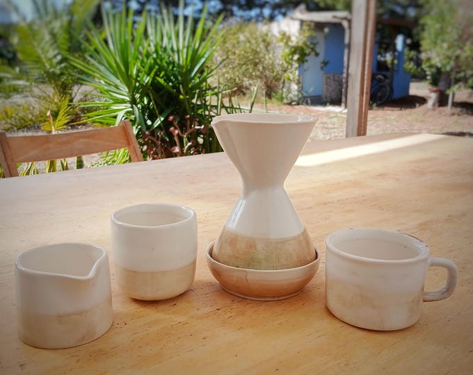Handmade Earthenware Coffee Set | Beige & White Minimalist Ceramic | Chemex Style Jar, Mug, Cup and Milk Jar