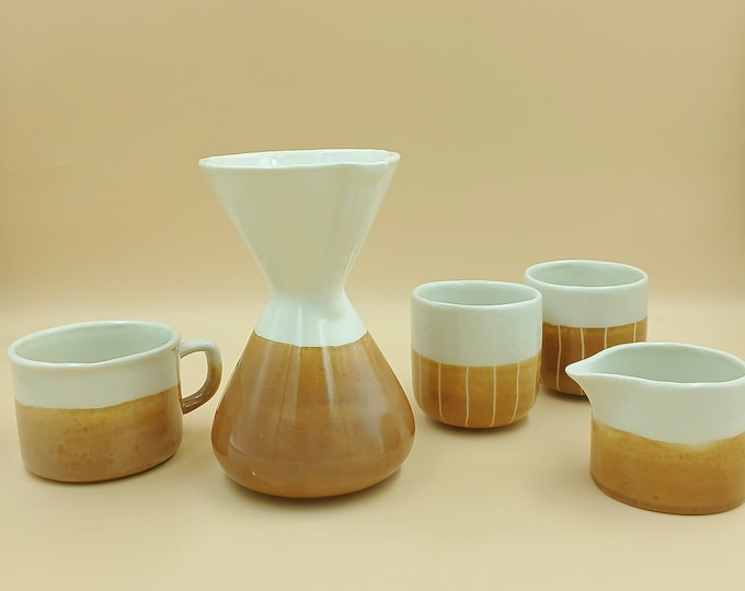 Handmade Stoneware Coffee Set - Retro Brown & Cream white Pour-Over Brewer and Cups