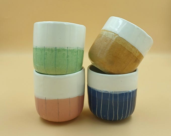 Handmade Stoneware Tea Cups - Set of 4, Mixed Colours