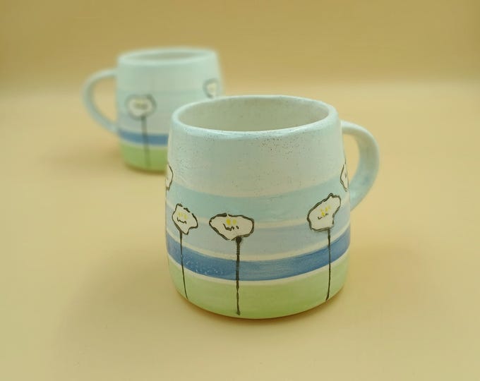 Hand-Painted Earthenware Mug - Discontinued Floral Design with Soft Green & Blue Lines