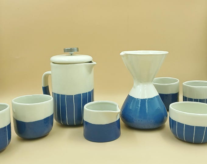 Handmade Stoneware Coffee Collection | Indigo & Beige Ceramic Coffee Set | Chemex, French Press, Mugs and Milk Jars | Artisan Pottery Gifts