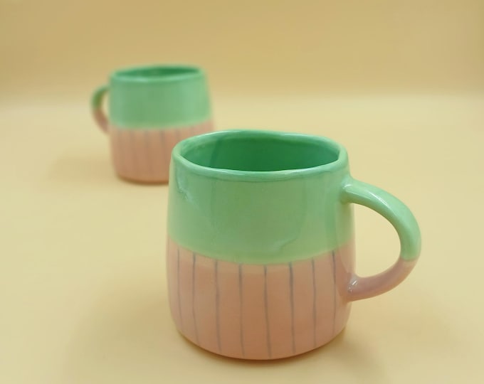 Handmade Stoneware Mug - Earthy Pink with Blue Stripes & Green