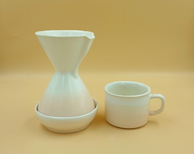 Handmade Earthenware Coffee Maker Set | Soft Pink & White Ceramic Pour Over Brewer with Saucer and Mug