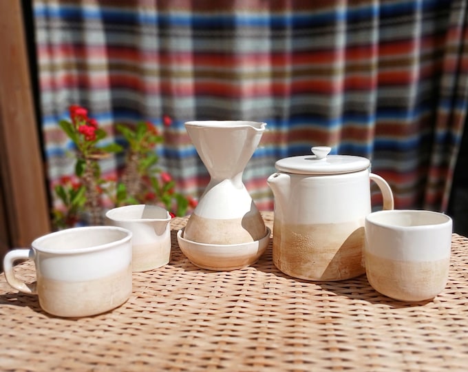 Handmade Earthenware Coffee Set | Beige & White Minimalist Ceramic | Chemex Style Jar, Mug, Cup and Milk Jar