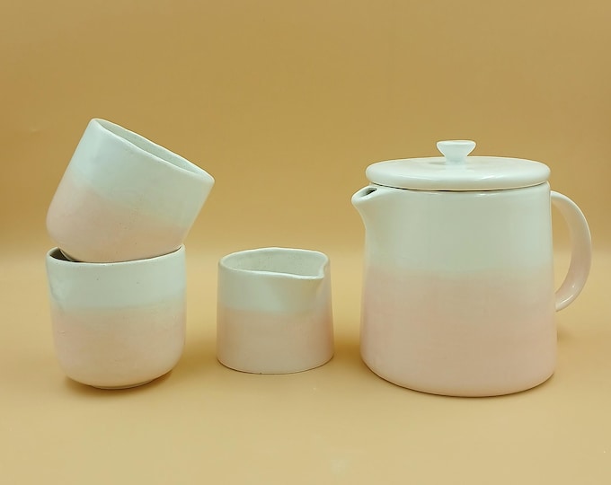 Earthenware Tea Set – Soft Pink & White Teapot, Cups and Milk Jar