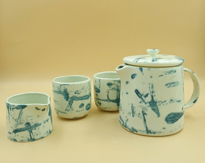 Handmade Stoneware Indigo & White Shibori Tea Set - Teapot, Cups and Milk Jar