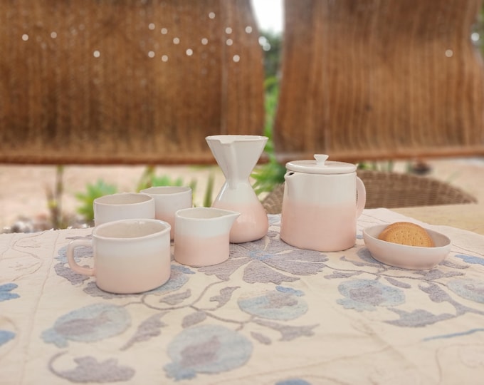 Handmade Earthenware Coffee Set | Beige & White Minimalist Ceramic | Chemex Style Jar, Mug, Cup and Milk Jar