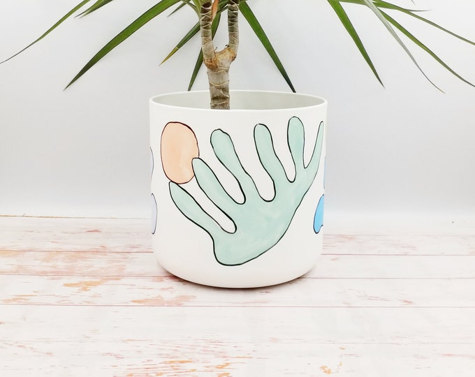 Plant pot indoor 16 cm diameter made with recycled plastic, hand painted Matisse Style