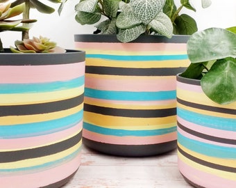 Large Planters, 25, 22 & 18 cm ( 9.8'', 8.6'', 7,0'' ) - Eco friendly indoor plant pots, colourful stripes