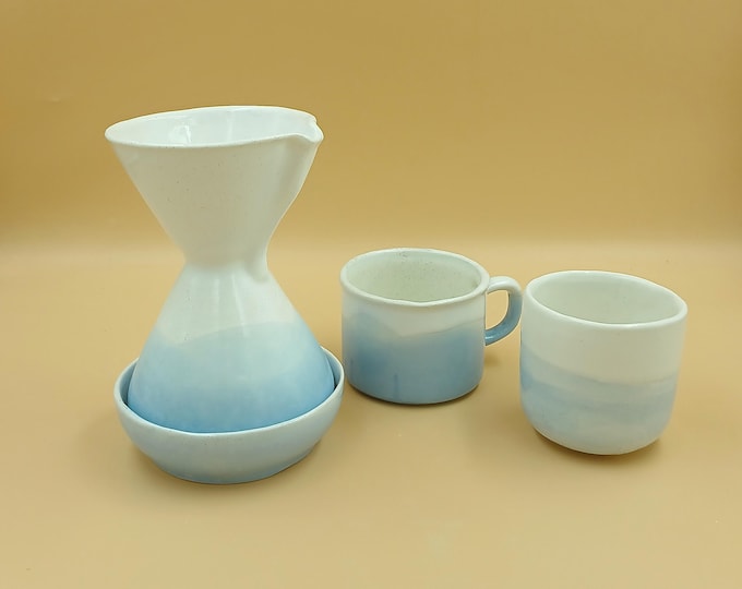 Earthenware Coffee Maker Set | Soft Blue & White Ceramic Pour - Over Brewer and Cups
