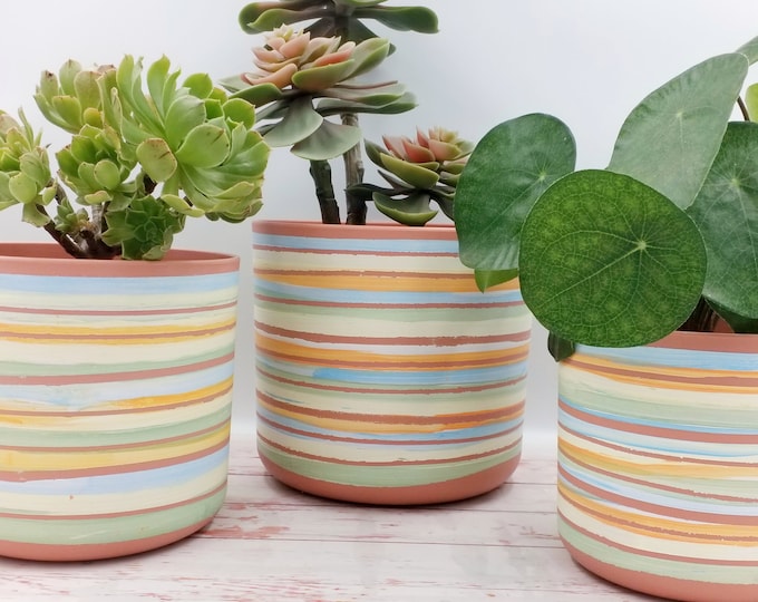 Large Planters, 18, 16 & 14 cm - Recycled plastic sustainable indoor plant pots, stripes of pastel-earthy tones and terracotta pink