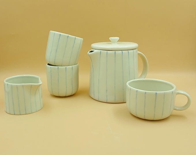 Stoneware Tea Set - Handpainted Blue lines Ceramic Teapot, Cups and Milk Jar