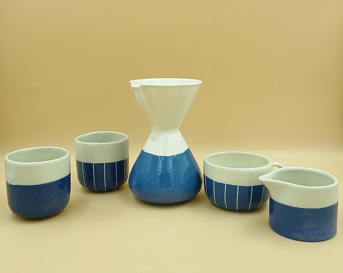 Handmade Blue & White Stoneware Coffee Maker Set – Pour-Over Brewer, Cups and Milk Jar