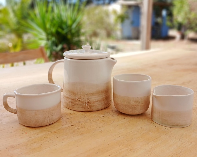 Earthenware Tea Set – Beige & White Teapot, Mug, Cup and Milk Jar