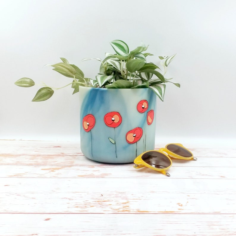 Flower pots made of recycled plastic from maritime waste, 14, 16, 18 & 22 cm planters, original hand painted design image 5