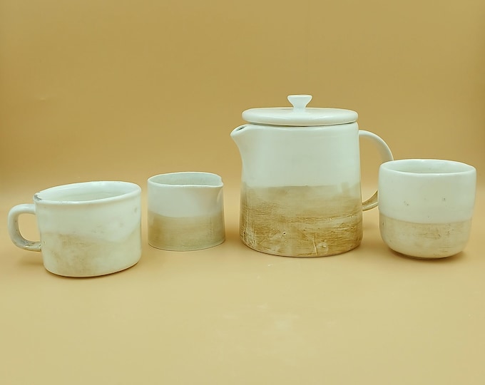 Earthenware Tea Set – Beige & White Teapot, Mug, Cup and Milk Jar