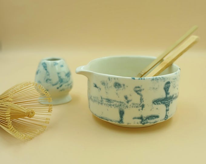 Matcha Tea Set – Indigo & White Shibori Stoneware, Discounted Second (Small Chip)